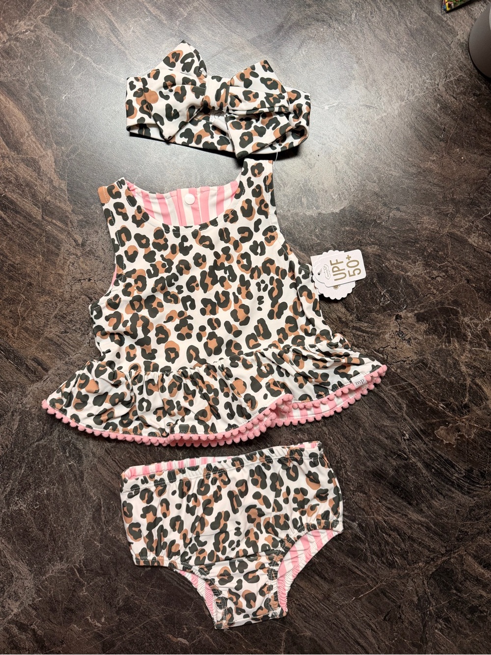 Mud Pie Leopard Print Swim Set with Pink Trim and Headband
